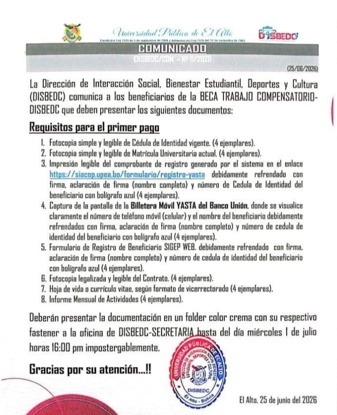 Comunicado: Requisitos para el 1er Pago de la Beca Trabajo Compensatorio UPEA – Gestión 2026